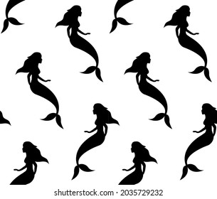 Vector seamless pattern of flat mermaid silhouette isolated on white background