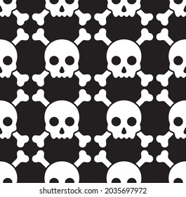 Vector seamless pattern of flat minimal white skull and crossbones on black background.