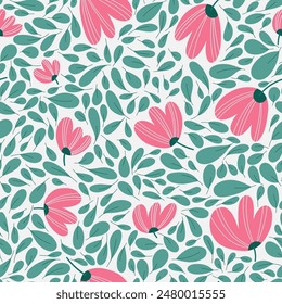 Vector seamless pattern with flat modern flowers folk style and leaves. Artistic botanical repeatable illustration. Floral motif for cards, fabric, prints and fabrics.