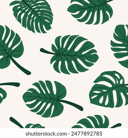 Vector Seamless Pattern with Flat Monstera Leaf, Foliage and Botanical Design Template, Print. Tropical Hand Drawn Monstera Leaves. Exotic Decorative Plants