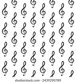Vector seamless pattern of flat music treble clef isolated on white background