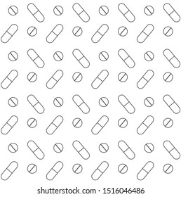 Vector seamless pattern of flat outline medical pills isolated on white background