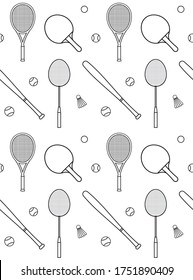 Vector seamless pattern of flat outline different sport equipment isolated on white background