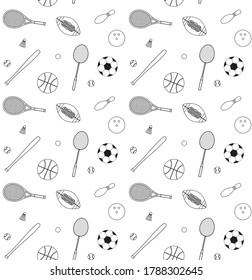 Vector seamless pattern of flat outline sport equipment isolated on white background