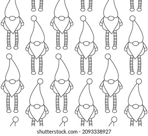 Vector seamless pattern of flat outline Scandinavian gnome isolated on white background