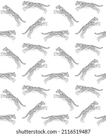 Vector seamless pattern of flat outline leopard isolated on white background