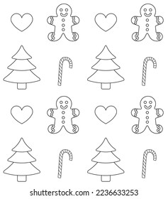 Vector seamless pattern of flat outline Christmas elements isolated on white background