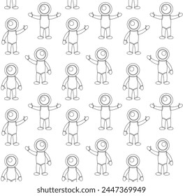 Vector seamless pattern of flat outline cosmonaut isolated on white background