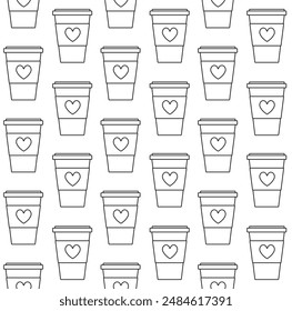 Vector seamless pattern of flat outline take away coffee cup isolated on white background