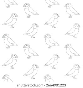 Padrão sem emenda do vetor da ave do puffin do contorno plano isolada no fundo branco