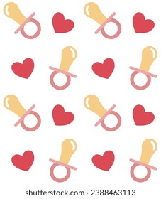 Vector seamless pattern of flat pacifier and hearts isolated on white background