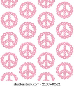 Vector seamless pattern of flat peace sign with pink flowers isolated on white background