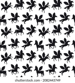 Vector seamless pattern of flat pegasus unicorn silhouette isolated on white background