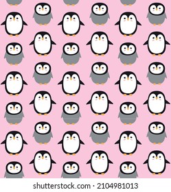 Vector seamless pattern of flat penguin isolated on pink background