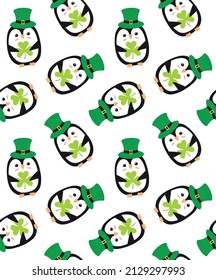 Vector seamless pattern of flat penguin with leprechaun hat and trefoil isolated on white background