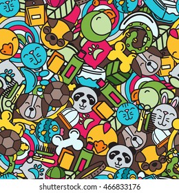Vector seamless pattern with flat pet icons. 