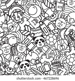 Vector seamless pattern with flat pets icons. Goods for animals. Design for pet shop, pets care, grooming or veterinary. Black and white trendy background for textile print or wrapping, coloring book.