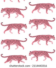 Vector seamless pattern of flat pink leopard isolated on white background