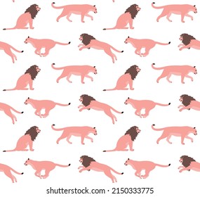 Vector seamless pattern of flat pink lions isolated on white background