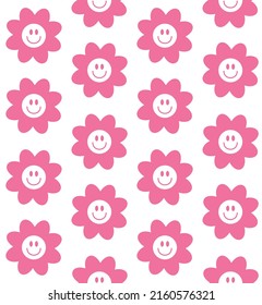 Vector seamless pattern of flat pink flower with face isolated on white background