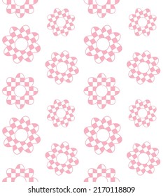 Vector Seamless Pattern Of Flat Pink Flower With Checkered Chessboard Texture Isolated On White Background