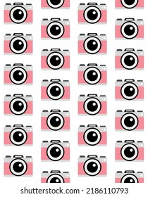 Vector seamless pattern of flat pink photo camera isolated on white background