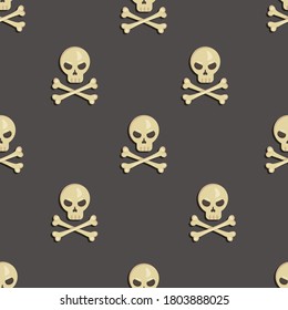 Vector Seamless Pattern - Flat Pirate Skulls with Cross Bones on Dark Gray Background