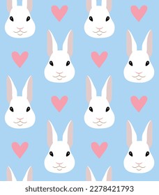 Vector seamless pattern of flat rabbit bunny face and hearts isolated on blue background