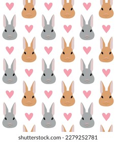 Vector seamless pattern of flat rabbit bunny face and hearts isolated on white background