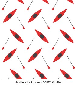 Vector seamless pattern of flat red canoe boat and paddle isolated on white background