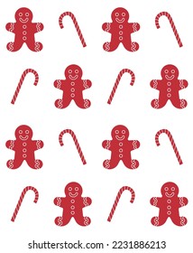 Vector seamless pattern of flat red ginger bread cookie and mint sweet isolated on white background