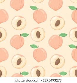 Vector seamless pattern with flat ripe peach or nectarine with leaves.