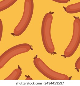 Vector Seamless Pattern with Flat Sausage on a Yellow Background. Seamless Print with Cartoon Sausage