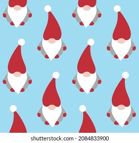 Vector seamless pattern of flat scandinavian gnome isolated on blue background