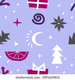 Vector seamless pattern with flat simplified winter elements. Illustration with hand drawn abstract Christmas decoration (gift box, xmas tree, snow) on purple background