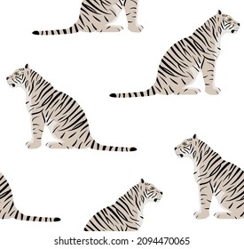 Vector seamless pattern of flat sitting tiger isolated on white background