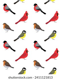 Vector seamless pattern of flat small birds isolated on white background