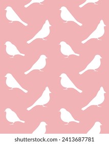 Vector seamless pattern of flat small birds silhouette isolated on pink background