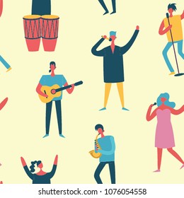 Vector seamless pattern in a flat style of group of singing, playing guitar, drums, piano, saxophone and other music instrument people
