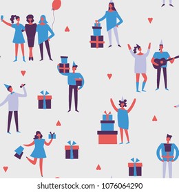 Vector seamless pattern in a flat style with the group of happy best friends celebrating birthday at the party.