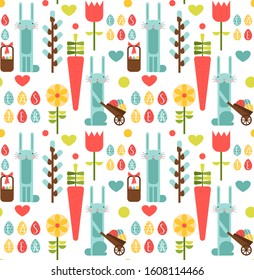 Vector seamless pattern in flat style with Easter eggs and characters. Easter bunnies, eggs, spring flowers and other elements. Sketch textile, background, wrapping paper design, packaging.