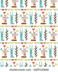 Vector seamless pattern in flat style with easter eggs and characters. Easter bunnies, eggs, willow and other elements. Textile sketch, background, wrapping paper, design, packaging.