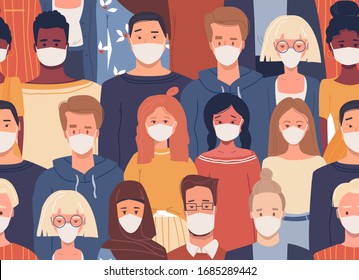 Vector seamless pattern in flat style with people of different nationalities wearing medical masks. Global society. Cultural diversity. Disease epidemic, coronavirus infection. Coronavirus quarantine.