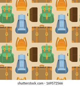 Vector seamless pattern in flat style with bag and backpack icons - travel background