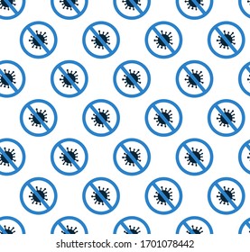 Vector seamless pattern in flat style. Endless texture. Stop coronavirus COVID-19 concept. Prohibit sign. Novel bacterium. No infection, germs. Background, wallpaper, print
