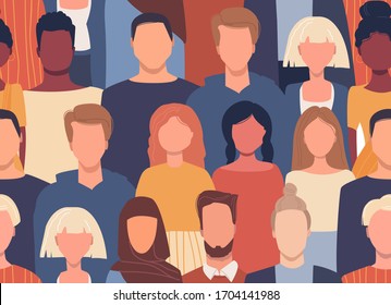 Vector seamless pattern in flat style with people of different nationalities, cultures. Global society. Cultural diversity. Multiethnic group. Friendship, communication, traveling. Universal design