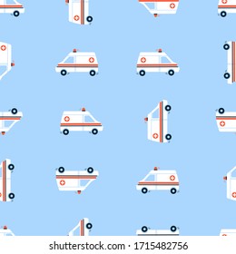 Vector seamless pattern in flat style. Endless texture, wallpaper, background, fabric print. White ambulance car with red siren light. Medical vehicle. Emergency. Urgent medicine concept