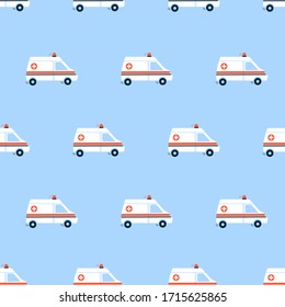 Vector seamless pattern in flat style. Endless texture, wallpaper, background, fabric print. White ambulance car with red siren light. Medical vehicle. Emergency. Urgent medicine concept