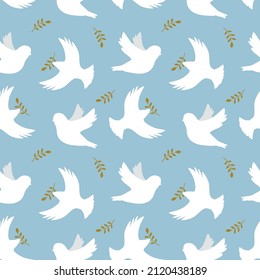 vector seamless pattern in flat style with hand drawn white birds on a blue background. pattern for printing on fabric, clothes, wrapping paper