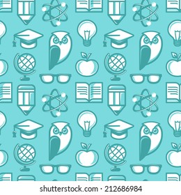 Vector seamless pattern in flat style with education icons and signs - abstract background and texture in blue color